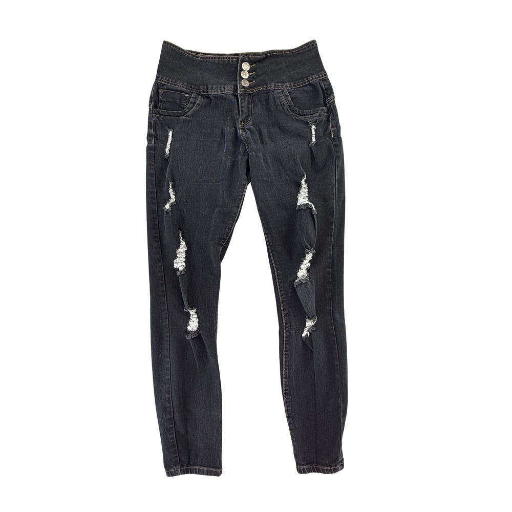 Hybrid & Company Womens High Rise Distressed Skinny Jeans Black Size 11